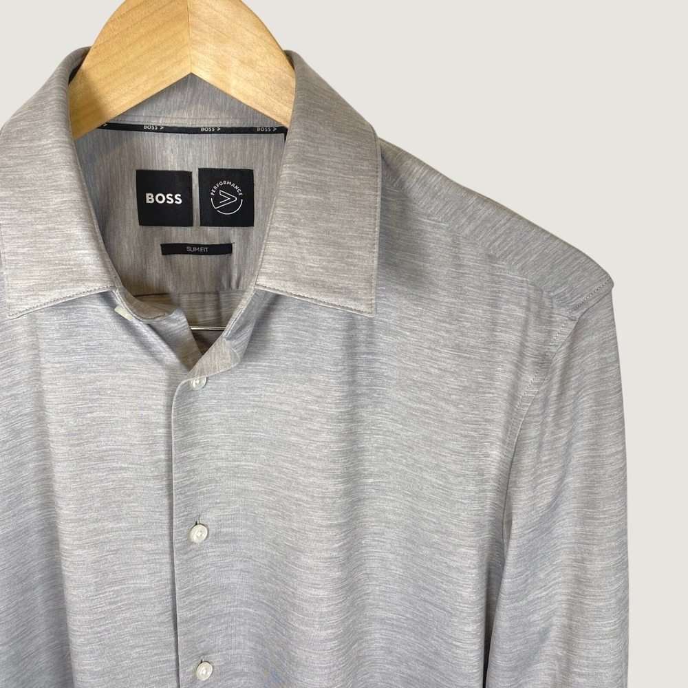 BOSS Performance Dress Shirt Mens M 15.5 Grey Excellent Slim Fit Stretch Button